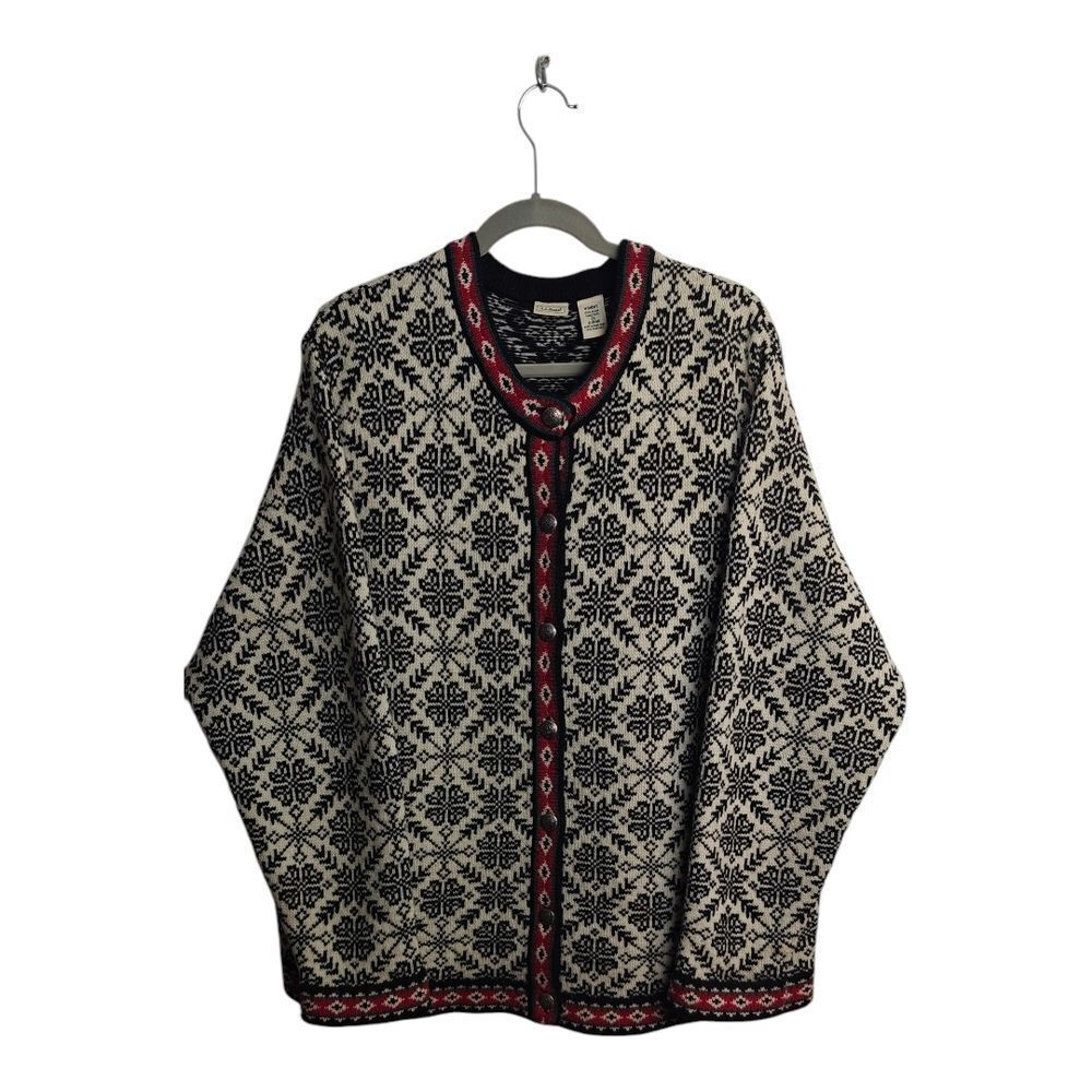 L.L. Bean 100% Merino Wool Cream and Black Patterned Cardigan with Red Trim - Picture 1 of 7